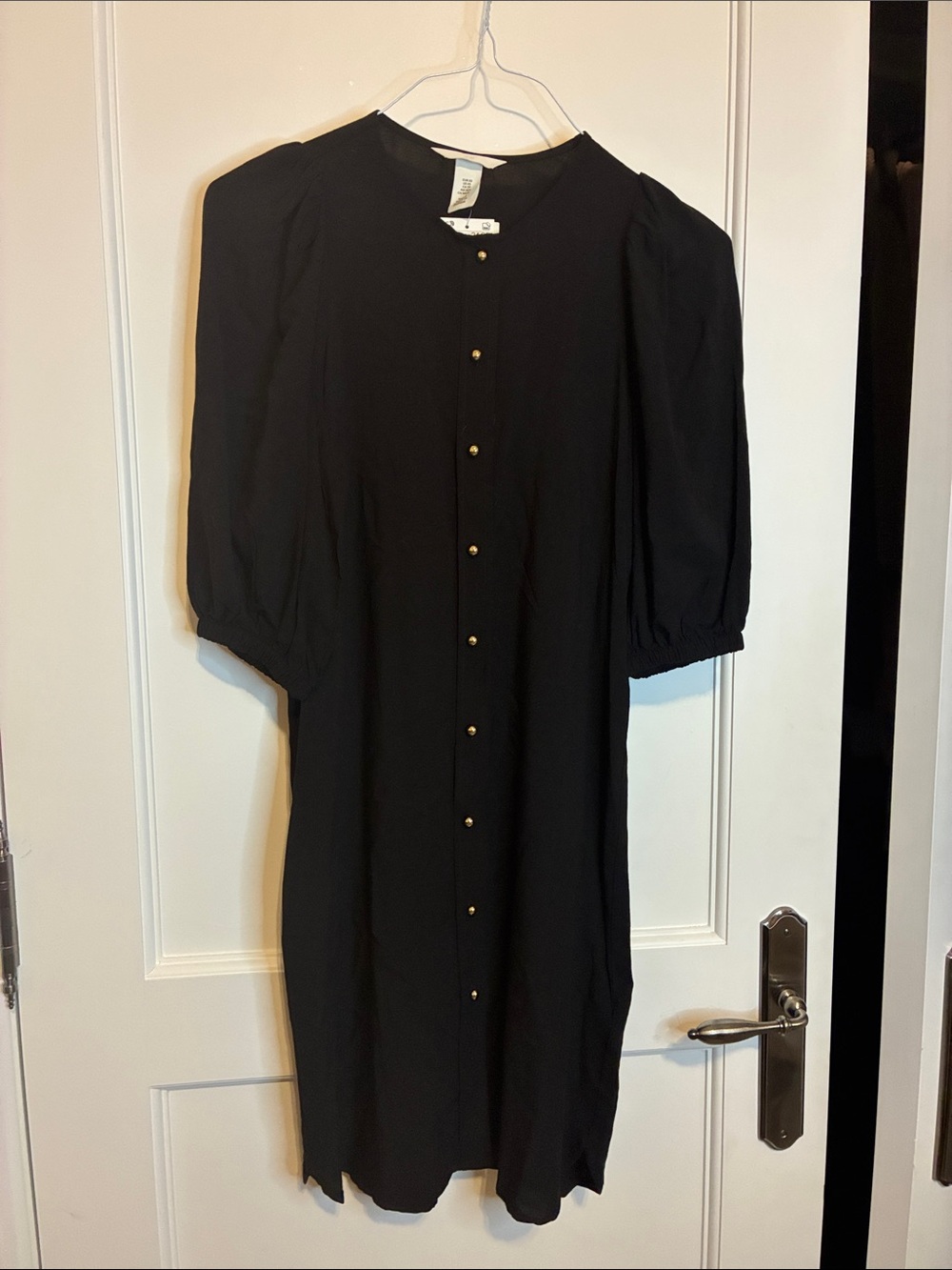 H&M NWT Black Puff Sleeve Gold Button Front Midi Dress 👵MT